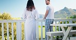 View, vacation and honeymoon with a couple in the morning, standing on the balcony of their scenic accommodation. Coffee, nature and travel with a man and woman on holiday together for romance