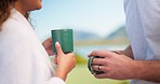 Couple, tea and people drinking coffee in the morning on vacation or holiday at a hotel or on the balcony. Lovers, man and woman holding hot beverage in a cup talking and enjoying quality time