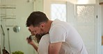 Bathroom, morning and a couple hugging in their home while getting ready together with a smile of love. Brushing hair, hug or affection and a man embracing his wife with a kiss hello or goodbye