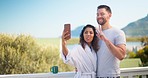 Couple, selfie and people kiss in the morning on vacation or holiday at a hotel or on the balcony. Lovers, man and woman taking picture or photo with peace gesture and enjoying quality time