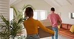 Property, moving and couple with box for new home, apartment and house in celebration, hug and excited. Love, dating and young man and woman happy with investment, mortgage sale and planning future