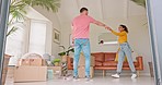 Real estate, moving and couple dance for new home, apartment and property in celebration, hug and excited. Love, dating and young man and woman happy with investment, estate mortgage and future house