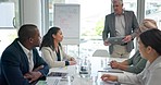 Ready, arriving and businessman walking into a meeting, conference or seminar with employees. Walk, prepared and manager entering a boardroom with business people for a strategy workshop at work