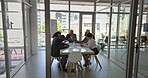 Business people, meeting and team collaboration in planning for corporate strategy or discussion at office. Group of employee workers in conversation, teamwork or ideas for project plan in boardroom