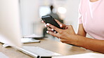 Creative woman, hands and computer with phone in communication, typing or texting at office. Hand of female employee busy multitasking on keyboard and smartphone in conversation or chat for startup