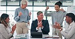 Clapping hands, meeting and team in celebration for a achievement, goal or motivation in the office. Happy, applause and business people celebrating collaboration success in the workplace boardroom.