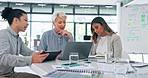 Coaching, business people and meeting by women on a laptop in office for collaboration, planning and thinking. Teamwork, feedback and female team together for training, idea and online project