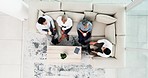 Corporate, lounge and business people on sofa, relax and talk during lunch break with company chill spot top view. Diversity, social and employee group together with tablet and coffee break