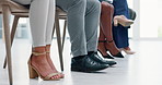 Business legs, recruitment and waiting room for Human Resources, we are hiring or appointment. Group of people feet or shoes nervous and corporate professional for career opportunity or job interview