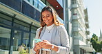 Black woman, phone and smile with city travel of a business employee texting outdoor. Happy, urban and social media app scroll of a young female professional walking with a mobile by a building