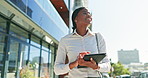 Tablet, walking and a business black woman thinking in the city on her morning commute into work. 5g, walk and research with a happy female employee outdoor commuting alone in an urban town