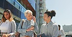 Leadership, phone call and business people walking in city writing notes, agenda and strategy in urban town. Travel, communication and senior manager with interns for schedule, meeting and planning