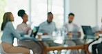 Blur, business and team in meeting, collaboration and innovation for new project, feedback and brainstorming. Blurry, staff or teamwork for corporate deal, share ideas or partnership for sales growth