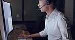 Call center, business man and computer with contact us, CRM and communication at desk with headset. Telemarketing, customer service or tech support, Asian consultant with keyboard and internet search