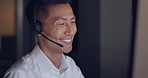 Call center, consultant and man, face and CRM, phone call with contact us communication and headset. Telemarketing, customer service or tech support, talk to client and happy Asian man with help desk