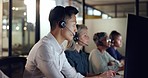 Call center worker, man and contact us, CRM and phone call with communication, computer and headset. Telemarketing, customer service or tech support, talk to client with diversity and Asian agent