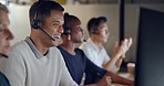 Call center, business people and team communication, global office and telemarketing diversity. Telecom, technical support or virtual help desk agent, consultant or ecommerce worker talk on computer