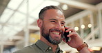 Laughing, joke and businessman on a phone call for communication, networking and conversation. Contact, corporate and employee talking on a mobile with a funny chat, discussion and connection
