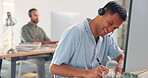 Man, consultant and call center writing notes in telemarketing for customer support or advice at the office. Male consulting agent in contact us with headset on computer for online assistance or help