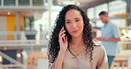 Phone call, face and happy with a business black woman in her office, talking on her mobile. Communication, networking and smile with a young female employee chatting on her smatphone at work