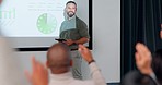 Presentation, business man and hands for question in audience during training workshop and finance talk. Speaker, coach or leader for knowledge, budget or growth analysis meeting on screen for faq