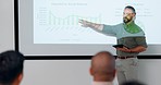 Presentation, finance chart and business man talking to audience for training workshop or conference. People with speaker, coach or leader for knowledge, budget or growth analysis meeting on screen