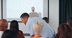 Conference, seminar and man late in audience for training workshop, finance talk and presentation. Business people with speaker or coach for knowledge, budget or growth analysis meeting on screen