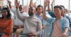 Group, meeting and business people at a seminar with questions, training and learning in a workshop. Audience, diversity and employees with a solidarity vote during a corporate conference together