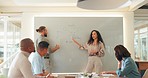 Corporate, teamwork or brainstorming with staff talking, diversity or presentation for ideas, innovation or workplace. Team, business people or whiteboard with feedback, conversation or collaboration