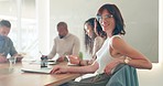 Business, office and woman with smile at meeting or workshop for corporate strategy, planning and performance report. Teamwork, collaboration and diversity, happy creative girl at advertising agency.