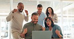 Success, celebration and business people on laptop with winning, stock trading profit and financial bonus. Teamwork, support and happy workers cheer, high five and applause for sales goal on computer