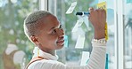 Thinking, brainstorming and black woman with smile writing notes on glass wall for creative startup idea in office. Strategy, planning and ideas on sticky note at workshop for future business project