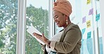 Laughing, black woman and tablet of a business employee with happiness from planning a schedule. Smile, digital working and happy company worker on technology in a office on internet and wifi 