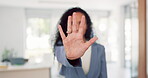 Business woman and face with stop hand for assertive and serious gesture for rejection at workplace. Corporate black woman in office portrait with palm zoom for warning, discrimination or harassment