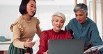 Business women, teamwork and laptop planning and talking about collaboration for online project in office together. Female leader, team and manager at startup discussion about ideas and advertising