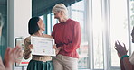 Applause, award and success with business woman in meeting for goal, thank you and winner. Celebration, praise and promotion with business people and certificate for support, achievement and branding