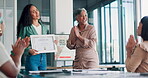 Applause, award and success with business woman in meeting for goal, thank you and winner. Celebration, praise and promotion with business people and certificate for support, achievement and branding