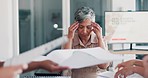 Headache, meeting and business woman stress, pain or anxiety, thinking of documents review. Burnout, fatigue or frustrated senior boss or manager in busy office with chaos of paperwork and team hands