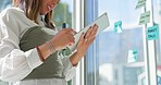 Thinking, smile and woman with tablet and moodboard for project idea at startup with sticky note on glass wall. Strategy, planning online and analytics, girl with internet research at creative agency