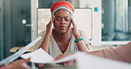 Headache, meeting and business black woman pain, stress or anxiety, thinking of documents review. Burnout, fatigue or frustrated worker or employee in busy office conference, paperwork and team hands