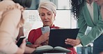 Business, woman and multitasking with stress, chaos and anxiety with team, workplace and time management. Female leader, employee and mature lady with burnout, manager busy or confused with deadlines