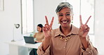 Face, peace or walking and a business woman at work with a smile while feeling positive about success. Portait, hand and motivation with a senior female employee working toward company growth