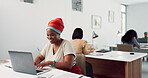 Happy, coworking office and digital marketing worker on a computer smile about goal and web success. Business employee, black woman and work email typing of a person busy with web design strategy