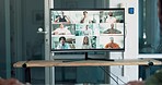 Video call, screen zoom and business meeting, online with business people, communication and team discussion. Internet, webinar and online meeting, teamwork and collaboration with video conference 