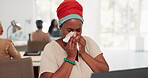 Black woman, sneeze and tissue blowing nose with flu, sick or ill by laptop at the office desk. African American woman employee with cold symptoms, virus or illness by computer at the workplace