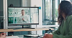 Video call, meeting and monitor with a business man on screen during a presentation or training seminar. Screen, collaboration and strategy with a global conference call in a boardroom for planning