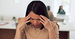 Stress, headache and asian woman on laptop in office with 404 technology glitch. Tired business worker, burnout and computer mistake with anxiety, fatigue and depression of problem, crisis and doubt