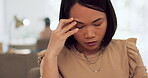 Stress, headache and sad asian woman in office with pain, fear and mental health. Tired worker, burnout and business mistake with anxiety, fatigue and depression of confused problem, crisis and doubt