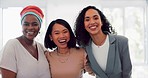 Partnership, portrait and business women walking in office, happy and excited for startup vision. Face, diversity and girl team laughing while coworking for goal, mission small business idea together