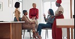 Business women, diversity and conversation with team and business meeting, focus and teamwork in workplace. Business people, talking and collaboration with communication and corporate team building